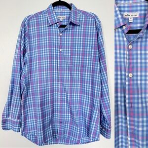 Peter Millar Shirt Men Medium Blue Plaid 100% Cotton Button‎ Down Office Preppy